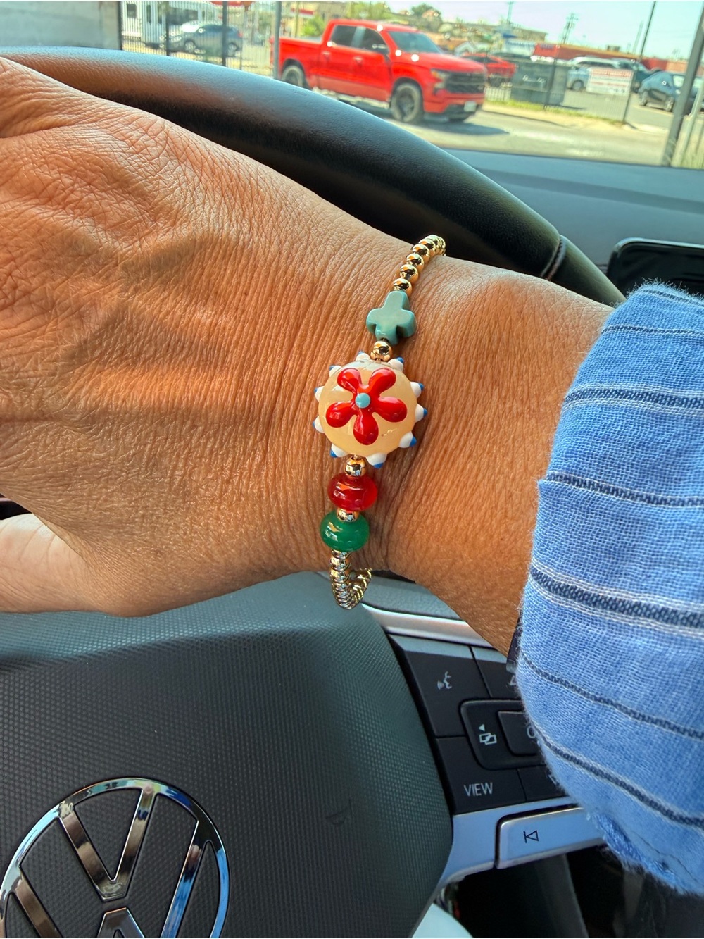 Gold Bead Bracelet with Murano Red Floral Accent and Turquoise Cross